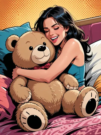 Close-up comic book illustration of a cheerful young woman sitting on a cozy bed, hugging a giant, fluffy plush bear. Vibrant pop art colors, clean ink outlines, dramatic dynamic shading, Ben-Day dots texture in the background. Expression of pure happiness. High-end graphic novel style, professional artwork, 8k resolution, crisp details, masterpiece.