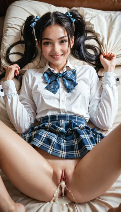 black hair, twintails long, long sleeves sheet, loose bow tie, light blue plaid skirt, 1girl, looking at viewer, excessive skinny, light smile, lying on sofa, knees up, pinching clothes of panties, panties aside, pussy, spread legs, cum in pussy