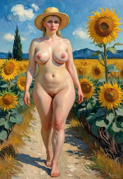 (Van Gogh diffusion style:1.6), (half-back side view), (blonde Mature:1.3), (chubby), (saggy big breasts:1.3), (big ass:1.3), wide hips, (blonde braids hairstyle), torn sunhat, dynamic posing, slow walking in big sunflowers field, (diffusion county behind her on afar distance), strong side wind, curvy old woman, necklace with small cross, fat thighs, big belly, massive drop breasts, fat ass, puffy nipples, (show fat ass and puffy pussy), longnips, (bottomless, full nude body, full naked body:1.4), (slutty smile), Vincent, Gogh, Van, gogh, style, Painting, of, a, men, in, galaxy, sky, van, <lora:tbh123-sdxl:2>, <lora:Van_gogh_by_DevDope-000014:2>