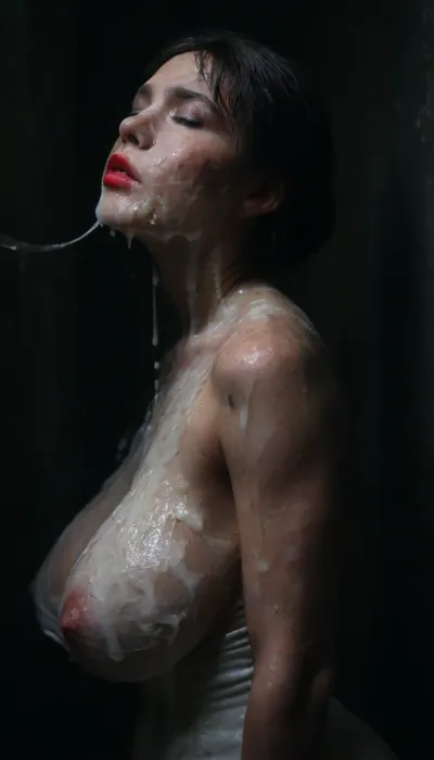 Sideview, (Cum details), realistic cum, Prominent cum, (white cum:1.9), cum on, (Cum flows:1.9), (cum on body:1.9), cum on hair, (cum on face:1.9), ((bukkake:1.9)), ((Clothes and body covered with semen)), white gorgeous woman, (big breasts:1.2), (milf:.7), excessive cum on clothes, red lipstick, short black bobcut hair, mouth closed, eyes closed, moaning, black room, black background, men, cum, on, face, Face covered in cum, cum dripping from penis, (A lot of cum:1.5), <lora:JustCum:2>, <lora:cum_in_eye_deepmind:2>, <lora:Midjourney Image Enhancer XL v1:2>, <lora:dark:.3>