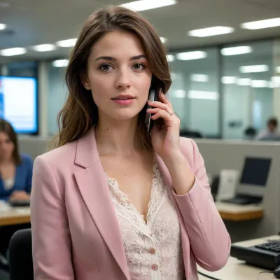 Une femme de 27 ans. Elle travaille dans une station radio, elle fait du téléphone rose.
Professional woman wearing a solid-fabric blazer, open to reveal a delicate lace camisole at the chest. Opaque jacket, lace details strictly on the inner top.