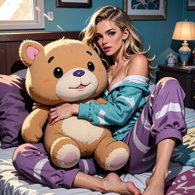 Medium shot, beautiful 25-year-old woman in cozy loungewear relaxing on a bed, embracing a giant oversized cute plushie animal toy. Stylized comic book artwork, dynamic line art, vibrant and saturated color palette, clean cell-shaded shadows, aesthetic bedroom interior background, dramatic light casting from a window. Professional illustration, high contrast, perfect face, masterpiece, intricate design, SDXL high-definition quality, 4k digital art.