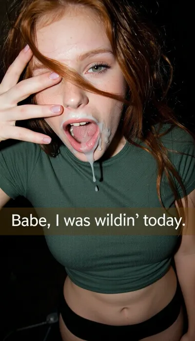Upper 3/4 body portrait, (extreme skinny Dutch girl, messy long ginger hair, very bony girl, skintight dark green track shirt, mouth open), (mouth full of cum, cum dangling from nose and chin, her fingers are smearing cum in eyes and forehead:1.5), cum in mouth, fingers playing with cum, smeared makeup, hair swinging in air, hair on face, night, dark, drunk, rowdy, flash photo, motion blur, skintight black thin lowwaisted leggings, amateur snapshot, heavy dutch angle, violent light trails, chaotic long-exposure motion, realistic white skin with flaws, burned highlights, extreme closeup, viewed from above, viewer above her, ISO 800 film grain, face partly cropped out from view, full width caption over a dark bar reads "Babe, I was wildin’ today."
