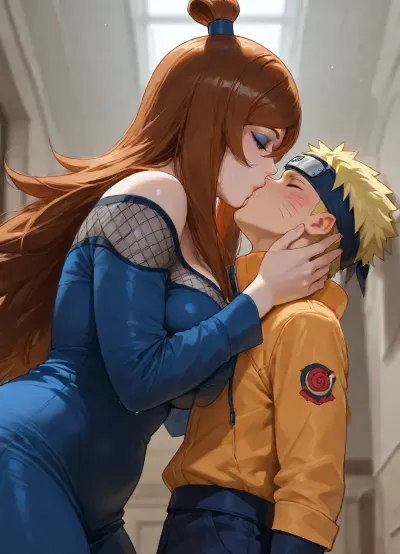 masterpiece, high detailed, (Glossy liner anime style), clear and light frame, (1 woman, Terumi Mei, long hair, blue outfits, hourglass figure body, 36 years old, eyeshadow, milf, giant woman), BREAK, (1 boy, Naruto_Uzumaki, yellow hair, yellow coat, headband with Konoha emblem, short and small boy), (mother and son, taboo relationship), woman holding back of boy's head, (height difference, giant woman and small boy), side view, below to up view, deep field view, hetero, woman bend forward to kissing the boy, waist, hips, bend over, kissing mouth, wet kiss