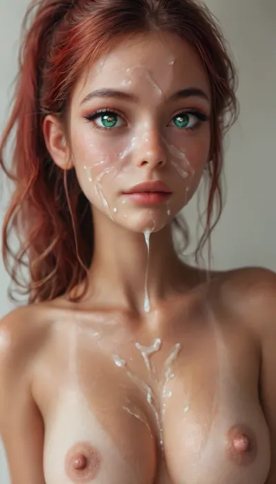 Beautiful anime girl, girl portrait, (((Charming eyes, light gree pupils:1.7))), (((very petite girl))), ((light green eyes)), (((skinny))), (very pretty girl:1), (makeup:1.3), ((semen on face:1.6)), tan lines, tan, huge breasts, beautiful breasts very visible, ((red hair)), in a ponytail, <lora:MJ52:1>, <lora:Midjourney Image Enhancer XL v1:.8>, 4ng3l, face, <lora:SDXL_BetterFaces-LoRA_v1:.8>, bikini, underwear, Lace, <lora:Bikini_02_lora:.8>