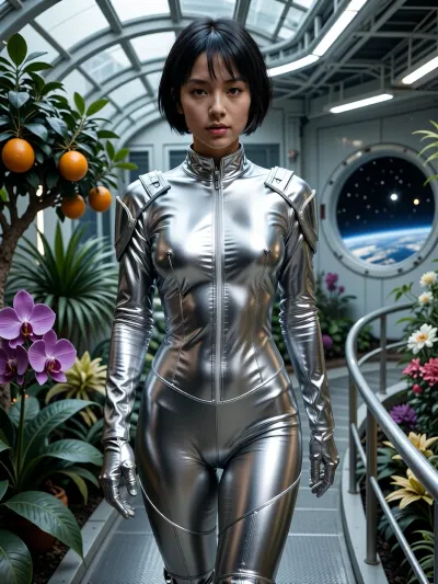 A futuristic greenhouse inside an orbital space station of the future, a young Asian woman with a short haircut and a calm expression walks along a wide, curved, silvery metal walkway. She is wearing a form-fitting, shiny silver jumpsuit with dark blue inserts on the sides and gloves. All around is dense, lush vegetation, to the left, a citrus tree bearing ripe orange oranges, large purple orchids, various flowers, and tropical plants, tall, arched metal structures with glass panels that mimic daylight, and behind her, a large round porthole window offering a view of Earth, the stars, and the blackness of space, cinematic lighting, highly detailed rendering of skin, fabric, leaves, and metal, photorealism, sci-fi