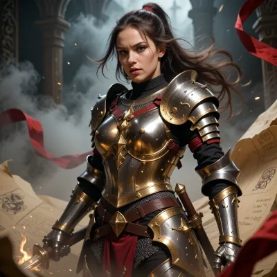 dark-fantasy, close-up, female knight, battle-ready armor, determined stance, natural beauty, dynamic, Gleaming ghostly gold, epically atmospheric fog, on old paper, red ribbons