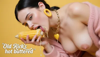 Hyper realistic fine art fashion photography, ethereal and precisely rendered, saturated yet delicate, razor sharp focus.

Rear view, a young woman bending forward, focus on her exposed form, eating corn on the cob, melted butter and juice and flowing dripping, expression euphoric and completely abandoned, porcelain albino skin flawless and luminous, black hair slicked back severely, large yellow corn earrings, chunky gold chain necklace with a yellow heart pendant, soft pink mohair cardigan open exposing large breasts.
The corn held with both hands, vivid yellow kernels glistening, butter melting and dripping down her fingers and chin, the corn oversized and absurd, hyper real in every detail, the yellow of the corn and the yellow of the accessories in perfect dialogue.
Soft diffused studio light, no harsh shadows, the pale skin luminous against the vivid yellow, porcelain and yellow and gold the entire palette, surreal and kitsch yet precisely rendered, both too perfect to be entirely real.
Plain vivid yellow background.
In the foreground text in a creative font
"Old Rick's hot buttered"
