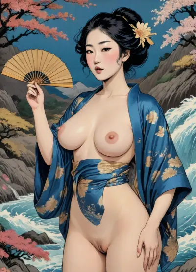Ukiyo-e Art, nude Japanese woman from Edo, small waterfall background, holding vintage colored hand fan, mouth open, (gaping anus:1.2), slutty smiling, erotic image, frontal view, NSFW style, (big labia cameltoe:1.4), (hairy vagina:1.5), (dark yellow skin, pale face), (floral black, blue and gold Kimono:1.5), 2d art, Sakura flowers, woodblock print style of hokusai fine art style of kanagawa painting /relax, lineart, line, art, flat, colors, color, <lora:Ukiyo-e Art:1.6>, <lora:lineartSDXL:2>, <lora:Chromatic_Taleweaver:.9>