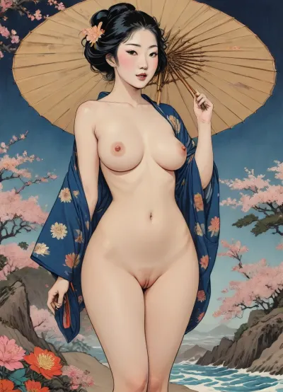 Ukiyo-e Art, nude Japanese woman from Edo, holding vintage hand fan, mouth open, slutty smiling, erotic image, half-back view, porn, (big labia cameltoe:1.4), (hairy vagina:1.5), dark yellow skin, pale face, (floral very dark blue and gold Kimono:1.3), 2d art, Sakura flowers, woodblock print style of hokusai fine art style of kanagawa painting /relax, lineart, line, art, flat, colors, color, <lora:Ukiyo-e Art:1.6>, <lora:lineartSDXL:2>, <lora:Chromatic_Taleweaver:.9>