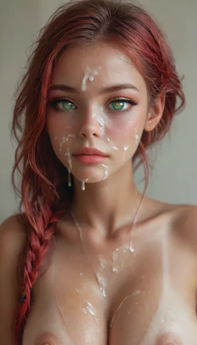 Beautiful anime girl, girl portrait, (((Charming eyes, light gree pupils:1.7))), (((very petite girl))), ((light green eyes)), (((skinny))), (very pretty girl:1), (makeup:1.3), ((semen on face:1.6)), tan lines, tan, huge breasts, beautiful breasts very visible, ((red hair)), in a ponytail, <lora:MJ52:1>, <lora:Midjourney Image Enhancer XL v1:.8>, 4ng3l, face, <lora:SDXL_BetterFaces-LoRA_v1:.8>, bikini, underwear, Lace, <lora:Bikini_02_lora:.8>
