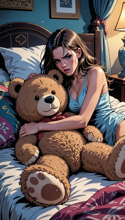comic book style, A professional illustration combining traditional artistic principles with digital tools. The image features Young woman on bed with big teddy bear as the central subject. The lighting is the lighting is carefully crafted to enhance the emotional impact of the scene. Leading lines and strategic placement draw the viewer's attention to the focal point. The color palette features harmonious color palette with carefully chosen complementary and analogous colors. Background elements are carefully designed to support the main subject. The textures are varied surface treatments create visual interest and depth. The image captures a moment of intense drama and emotion. Subtle details in the background add richness and depth. The artwork is a testament to the artist's skill and creative vision., graphic illustration, comic art, graphic novel art, vibrant, highly detailed, ink outlines, halftone shading in the background