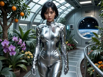 A futuristic greenhouse inside an orbital space station of the future, a young Asian woman with a short haircut and a calm expression walks along a wide, curved, silvery metal walkway. She is wearing a form-fitting, shiny silver jumpsuit with dark blue inserts on the sides and gloves. All around is dense, lush vegetation, to the left, a citrus tree bearing ripe orange oranges, large purple orchids, various flowers, and tropical plants, tall, arched metal structures with glass panels that mimic daylight, and behind her, a large round porthole window offering a view of Earth, the stars, and the blackness of space, cinematic lighting, highly detailed rendering of skin, fabric, leaves, and metal, photorealism, sci-fi