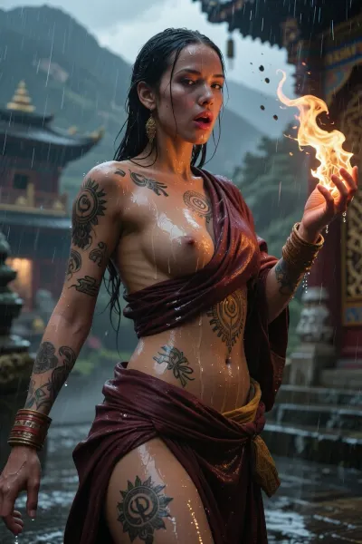 woman, Full body, Sexy Tibetan Nun, huge Lips, Small Cute Nose, dynamic Pose, (fireball in hands:1.3), tattoos with Sacred Symbols covered body, wet toga Tibetan nun style, sharp focus, by pascal blanche rutkowski repin artstation hyperrealism painting concept art of detailed character design matte painting, 4 k resolution blade runner, perfect professional photography Hyperrealistic photo perfect figure, Hyper detailed by Magali Villeneuve, Clint Cearley and Ekaterina Burmak, high definition textures, meticulous details, maximalist, high quality reflections Hyperdetailed Painting By Ismail_Inceoglu Tom Bagshaw Dan Witz CGSociety ZBrush Central Fantasy Art 4K, sidelight, frontlight, blurry rain Tibetan Temple in Mountains on background, cinematic_lighting, nsfw, sweat, wet, rain, neiyi1, dynamic, dramatic