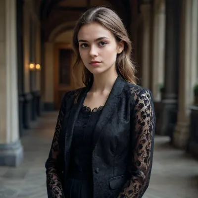 Une femme de 24 ans aimable. Elle travaille beaucoup, elle développe des applications. Veste professionnelle, noire, dentelles.
