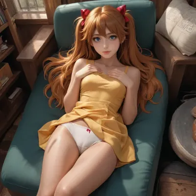 Reiq style, Cel-shaded, inked lineart, limited color palette, masterpiece, Asuka Langley Soryu from my hero academia, 18 years old, super cute face, clothed, small breasts, laying back, yellow sundress lifted up, white panties visible, best quality, high contrast, perfect lighting