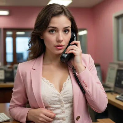 Une femme pulpeuse de 27 ans. Elle travaille dans une station radio, elle fait du téléphone rose.
Professional woman wearing a blazer, open to reveal a delicate lace camisole at the chest. Opaque jacket, lace details strictly on the inner top.