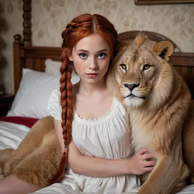 A photograph featuring a beautiful young woman with red hair braided into neat pigtails, sitting on a vintage wooden bed. She is hugging a large, fluffy stuffed lion. Her expressive eyes look directly into the camera. Soft, cinematic lighting, an intimate atmosphere. A masterpiece, high resolution, photorealistic, sharp focus, and detailed skin texture