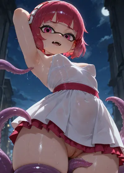 masterpiece, 1girl, solo, short hair, dorothy haze, dress, exposed pussy, exposed boobs, open eyes, small breasts, looking at viewer, cowboy shot, sky, night, cloud, blunt bangs, blue sky, fangs, (armpit fetish, armpit focus, sweaty armpit, hairy armpit), tentacle hair, inkling, inkling girl, purple tentacles around legs, purple tentacles around boobs, tentacles caressing boob, tentacle caressing pussy, body covered in ink, flat, chested, <lora:Khyle_XL:1.1>, <lora:flat_chested_v3.5:1.2>, <lora:Anya_XL:.8>