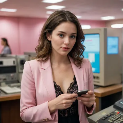 Une femme pulpeuse de 27 ans. Elle travaille dans une station radio, elle fait du téléphone rose.
Professional woman wearing a blazer, open to reveal a delicate lace camisole at the chest. Opaque jacket, lace details strictly on the inner top.