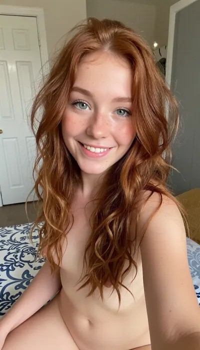 iphone photo. one woman in photo.

adorable 20-year-old ginger with long, wavy, messy hair, freckles, huge green eyes, smiling, taking a full-body selfie.

Bedroom, daytime, amateur photo, nude