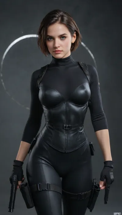 4k UHD, Alice from Resident Evil 3, black hair, 'red and white circle logo', tight catsuit, big tits, (corset, buckles, black nylon bodysuit under corset), Jill Valentine, JillRE, woman, <lora:JillRE1800:.8>, bodysuit, mglr, <lora:MGLRbodysuit_sdxl:.8>, guns, gun holsters, thigh holsters