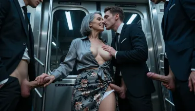 Photorealistic and cinematic concept art, shot with a 35mm lens from a low angle, between the legs to create an impression of imposing dominance. An empty, claustrophobic, and dimly lit subway car at midnight, under harsh, flickering fluorescent light that casts deep shadows and cold reflections., (An elderly woman, 70 years old:1.8), . Her skin is that of a 70-year-old woman. The old woman has gray hair, (small, long, and very saggy breasts:1.8), ((highly detailed skin)), . With her hair cut in a bob, she wears an unbuttoned gray silk blouse that reveals one breast and a floral miniskirt slit at the side, pressed against the cold, metal-framed glass doors. A seductive smile. Three men in their twenties, dressed in dark, elegant suits, form a triangular cage around her. Their genitals are exposed. The man in the center, one hand pressed against the glass near her head, caresses her breast with the other, his face inches from hers, leaning forward for a kiss. A hand grips the small of her back, fingers digging into the fabric. A third man's hand slips inside the slit of her skirt, caressing her thigh and sliding up, revealing her white panties. She reaches out to grasp a bare penis in each hand. Her expression is a mixture of breathless anticipation and palpable apprehension. Her lips form a faint smile, her wide-open eyes reflecting the zenithal light. An atmospheric haze, breath visible in the cold air, an electric tension. A palette of sterile blues, deep blacks, and shimmering silver silk. High contrast, hyper-detailed skin textures, dramatic chiaroscuro, film noir aesthetics, 8K resolution, a masterpiece, impeccable sharpness.