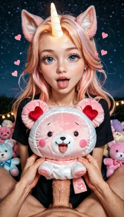 (Adult female, 24 years old, adult pornstar, acting in a porno scene, adult woman:1.62), large eyes, aegyo sal, yume kawaii, round face, small face, wide mouth, blue eyes, tongue on penis, pov hands, guided penetration, background yume kawaii bedroom, pastel pink and lavender, fluffy clouds, stars, moons, hearts, unicorn plushies, cute stuffed animals, fairy lights, dreamy decorations, sparkles, soft glowing pastel light, magical dreamy atmosphere, kawaii aesthetic, highly detailed