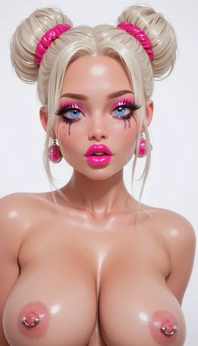 ((very busty and tall)), 18 yo, bimbo slut, bright blue eyes, platinum blonde hair, hair buns, ((very big plump lips)), ((bimbo makeup, glossy magenta lipstick)), (big boobs), nude, pierced nipples, white background, <lora:cartoon_stickers_xl_v1:.6>, <lora:NEOTOKIOXL_0.2_RC:.8>