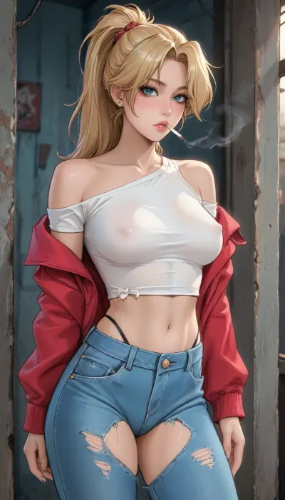 Score_9, score_8_up, score_7_up, reiq meets markgavatino and melkor mancin artstyle. "Julie Winters" from "the maxx". Dressed like a tramp, crop top, shirt ripped into a crop top exposing her stomach, shirt off her shoulder, braless, no bra, nipple bulge, cotton shirt, (denim assless chaps, garter belt holding up chaps, fishnets, thong visible), off shoulder jacket. Long blonde hair in a ponytail. Tiny waist, very wide hips, big ass, medium breasts, sagging breasts, cameltoe. Weathered, rough, messy hair, smoking a cigarette. Hanging out in a dingy alley, dirty.

ratatatat74, <lora:ratatatat74-000050:1.1>, <lora:cartoon_stickers_xl_v1:.8>, <lora:PantyPull-000005:.8>