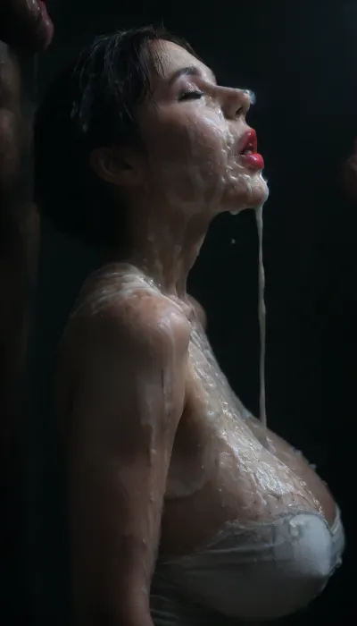 Sideview, (Cum details), realistic cum, Prominent cum, (white cum:1.9), cum on, (Cum flows:1.9), (cum on body:1.9), cum on hair, (cum on face:1.9), ((bukkake:1.9)), ((Clothes and body covered with semen)), white gorgeous woman, (big breasts:1.2), (milf:.7), excessive cum on clothes, red lipstick, short black bobcut hair, mouth closed, eyes closed, moaning, black room, black background, men, cum, on, face, Face covered in cum, cum dripping from penis, (A lot of cum:1.5), <lora:JustCum:2>, <lora:cum_in_eye_deepmind:2>, <lora:Midjourney Image Enhancer XL v1:2>, <lora:dark:.3>