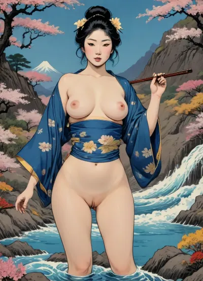 Ukiyo-e Art, nude Japanese woman from Edo, small waterfall background, holding vintage colored hand fan, mouth open, (gaping anus:1.2), slutty smiling, erotic image, frontal view, NSFW style, (big labia cameltoe:1.4), (hairy vagina:1.5), (dark yellow skin, pale face), (floral black, blue and gold Kimono:1.5), 2d art, Sakura flowers, woodblock print style of hokusai fine art style of kanagawa painting /relax, lineart, line, art, flat, colors, color, <lora:Ukiyo-e Art:1.6>, <lora:lineartSDXL:2>, <lora:Chromatic_Taleweaver:.9>