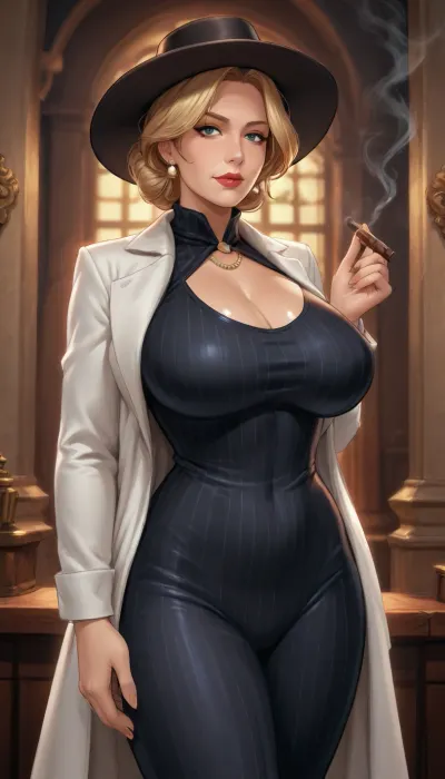 reiq art style, (MILF:1.8), (voluptuous:1.4), blond hair, wearing a pinstripe suit, white coat, fedora, smoking a cigar, angry expression