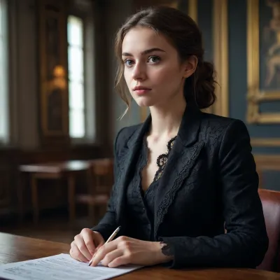 Une femme de 24 ans aimable. Elle travaille beaucoup, elle développe des applications. Veste professionnelle, noire, dentelles.