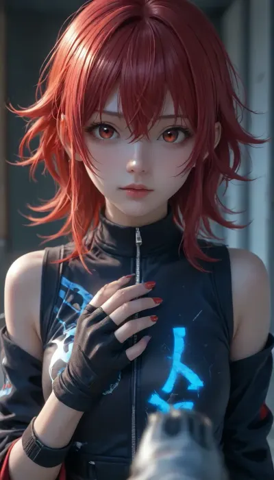 Kaho Komiya, THE iDOLM@STER Shiny Colors series, 36 years old, adult woman, older version, tall, bright red hair, hair crossed between eyes, disheveled, red eyes, pov, exposed breaste, fingerless printed gloves, dark red nail polish, glowing blue contour, ltctr, color, +, light, contour, k_komiya, <lora:add-detail-xl:.7>, <lora:Glowing_beach:.8>, <lora:light_contour_sdxl:.8>, <lora:k_komiyaXL_animagine:.8>