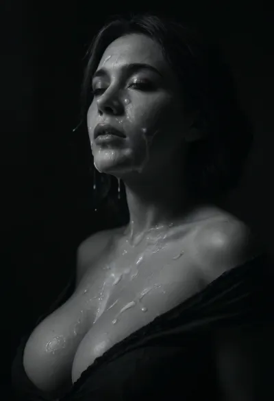 ((black and white photo:1.6)), (monochrome:1.5), ((black background)), Sideview, (Cum details), realistic cum, Prominent cum, (white cum:1.7), cum on, (Cum flows:1.6), (cum on body:1.6), cum on hair, (cum on face:1.8), ((Clothes and body covered with semen)), white gorgeous woman, (big breasts:1.2), (milf), excessive cum on clothes, bleck lipstick, short black bobcut hair, mouth closed, eyes closed, moaning, black room, black background, 2+ men, Face covered in cum, cum dripping from penis, (A lot of cum:1.5), bukkake, liner, shadow, run, off, lsrf, mascara, <lora:dark:.8>, <lora:MS_Real_XL_Bukkake:.6>, <lora:liner shadow run off-GMR:.8>, <lora:detailed_notrigger:.8>