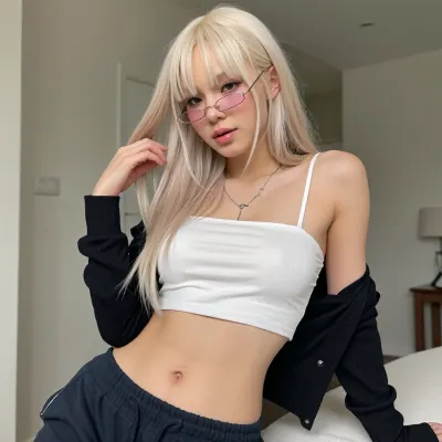big breasts, Medium shot photo of a beautiful 21-year-old East Asian woman with long platinum blonde hair and wispy bangs. She is wearing, ((Y2K ultra-miniature narrow wire-thin glasses with tiny pink slit lenses)), the glasses are sitting extremely low, almost falling off the tip of her nose. She is posing casually, with one hand gently touching the side of her hair while her other arm rests down, tilting her head slightly with a thoughtful look away from the camera. She wears a white tight strapless tube top, and a black open cardigan pulled down off her shoulders, hanging loosely around her elbows. Low-rise dark sweatpants showing her slim waist and belly button. Muted color palette, soft indoor lighting, detailed skin texture, (photorealistic --ar 2:3), ISO 100, ks-engine v3