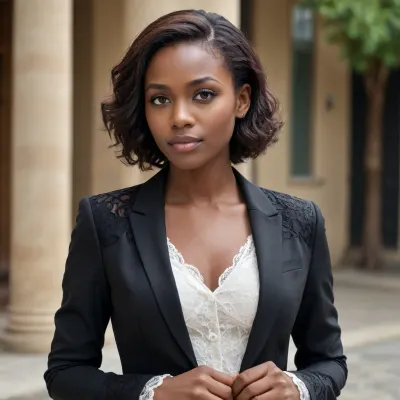 Une femme de 24 ans aimable. Elle travaille beaucoup, elle développe des applications. Elle est de race noire camerounaise. professional woman wearing a structured solid-fabric blazer black, open to reveal a delicate lace camisole at the chest. Opaque jacket, lace details strictly on the inner top.