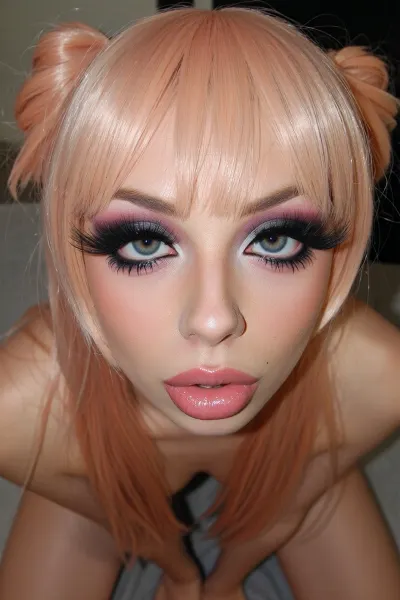 high angle candid snapshot of a horny woman with glossy full lips with soft pillowy creases as she kneels on the floor, peach-colored hair styled in extremely long adorable twin twintails with cute anime bangs, elaborate drag-queen style makeup with intense kohl eyeshadow and thick winged eyeliner, focused on her huge doe eyes with thick feathery false eyelashes, delicate doll-like facial structure with a small dainty nose and small sharp chin