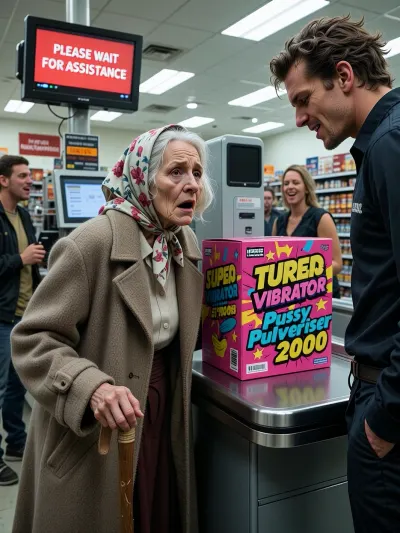 A cinematic, high-detail digital illustration with a touch of satirical concept art. A short, frail elderly woman in a dowdy, oversized brown wool coat and a floral headscarf, clutching a wooden walking stick, stands frozen in shock. She is at a bright, sterile supermarket self-checkout kiosk. On the scanning bed sits a gaudy, neon-colored cardboard box with bold, loud comic-style typography reading "SUPER TURBO VIBRATOR, Pussy Pulveriser 2000". The digital monitor above flashes a bright red "PLEASE WAIT FOR ASSISTANCE" warning. Approaching her is a smug, tousle-haired male employee with a malicious, evil grin and narrowed eyes. The mood is awkward and cringeworthy. Lighting is harsh overhead fluorescent supermarket lighting, creating clinical highlights and deep shadows. Color palette consists of sterile white and grey backgrounds contrasted with the jarring, vivid neon pinks and yellows of the product packaging. Intricate facial expressions, sheer horror and embarrassment on the grandmother, sadistic glee on the man. Other shoppers around are laughing.