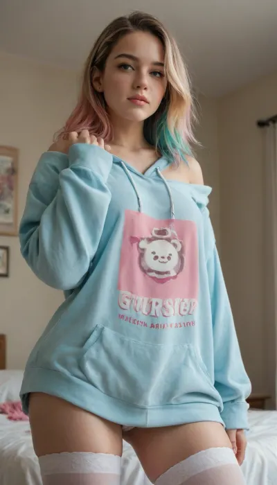 (Cinematic), Creativity Portrait girl, hn tanuki, freckles, pastel streak hair, oversized hoodie offshoulder, thigh highs, bedroom, soft rim
Quality High, Pose From Below