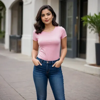 Adult South Asian woman with medium-brown skin, oval-rounded face, dark brown almond-shaped eyes, naturally full dark eyebrows, medium-width nose with rounded tip, medium-full natural lips, thick black shoulder-length wavy hair with a side part and abundant volume. Soft curvy body proportions, moderately broad shoulders, defined but gentle waist, fuller hips, proportionate arms and legs. Wearing a navy-blue fitted short-sleeve crew-neck T-shirt with thin off-white piping around the neckline and sleeve hems, medium-blue relaxed straight-leg jeans, a dark smartwatch on the left wrist, and light dusty-pink slip-on shoes with white soles. Standing upright facing the camera, left hand in jeans pocket, right arm relaxed at side, feet close together, calm neutral facial expression.