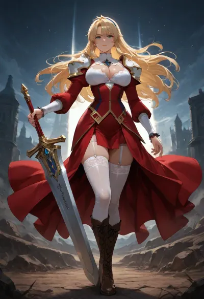 masterpiece, best quality, absurdres, newest, highres, very aesthetic, 1girl, solo, satellizer el bridget, freezing, (series), mature female, adult, long blonde hair, hair between eyes, parted bangs, blue hairband, blue eyes, beautiful detailed eyes, fair skin, large breasts, narrow waist, long legs, hourglass figure, red dress, long dress, gold trim, cleavage cutout, clothing cutout, blue ribbon, no bra, detached sleeves, puffy long sleeves, crowned shoulder armor, genetics emblem, brown boots, knee boots, heeled boots, lace-up boots, white thighhighs, garter straps, holding sword, huge sword, nova blood, standing, full body, looking at viewer, serious expression, outdoors, battlefield, dramatic lighting, rim light, detailed background, intricate details, detailed face, detailed eyes, detailed hands