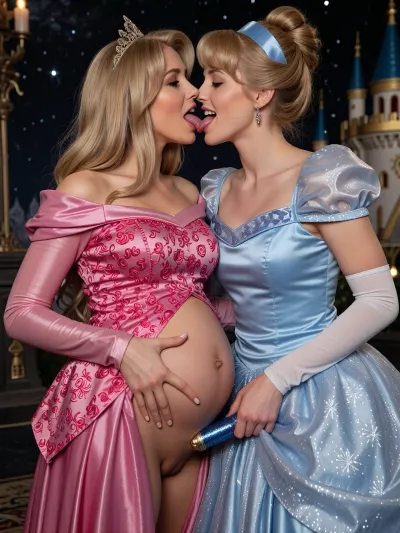 Score_9, score_8_up, score_7_up, High detailed face, A fairytale atmosphere. Two fairy tales Disney princesses pregnant kissing with tongue, princess Aurora, princess cinderella, Sexy dress, big breasts, puffy breasts, pussy visible, fingering pussy, smilling, magic dildo in pussy, in magical castel
