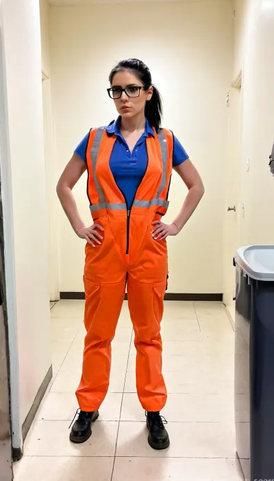 Black hair in ponytail. Safety glasses on. Janitor jumpsuit. Safety vest over clothes. Nerdy looking girl. Pale. Skinny