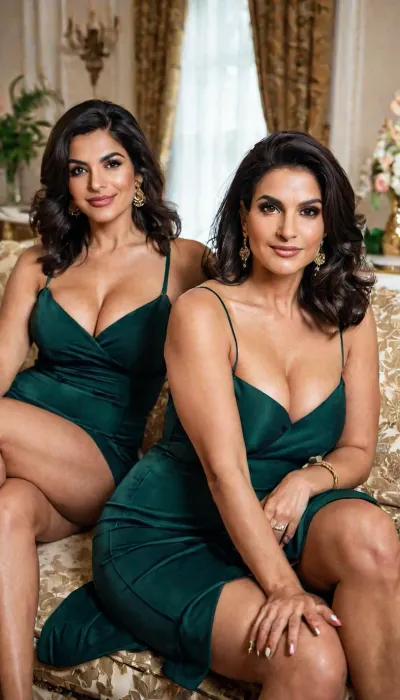 score_9, score_8_up, score_7_up, older mature Persian women sitting on couch. They are wearing sexy Italian dresses with provocatively fashioned to show off their figures. They are wearing fashionable strapped stilettos, both women are athletic curvy bodies. One woman's black straight hair shoulder length, one woman has brunette messy bob hairstyle.they both have strong facial details with makeup. They have alluring smiles, wanting to have sex, horny, skin imperfections, olive colored skin tones, jewelry, large boobs