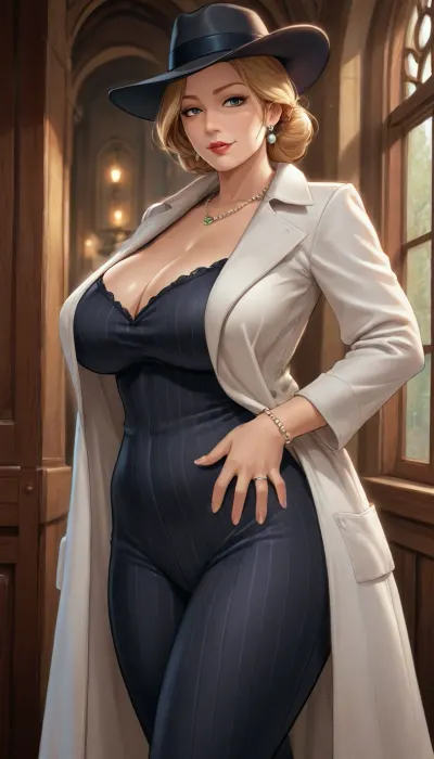 reiq art style, (MILF:1.8), (voluptuous:1.4), blond hair, wearing a pinstripe suit, white coat, fedora