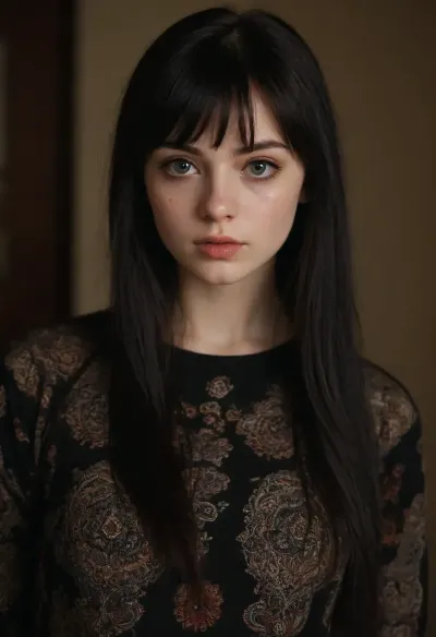 Photorealistic, highly detailed and realistic eyes, face, facial expression, skin with blemishes, hair. Sharply focused. Detailed and well-focused eyes.
BREAK
The subject is an 18 year old caucasian girl, innocent, pale skin, round face, black hair, (very long hair:1), bangs, dark eyes, thin, small breasts, wearing black long sleeve loose shirt with paisley and swirling patterns, tight pants, standing
BREAK
Her bedroom, decorated with tapestries, wall hangings, candles.
BREAK
View is 2/3 of body, from knees to head