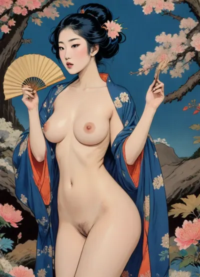 Ukiyo-e Art, nude Japanese woman from Edo, holding vintage hand fan, mouth open, erotic image, porn, (big labia cameltoe:1.4), (hairy vagina:1.5), dark yellow skin, pale face, (floral very dark blue and gold Kimono:1.3), 2d art, Sakura flowers, woodblock print style of hokusai fine art style of kanagawa painting /relax, lineart, line, art, flat, colors, color, <lora:Ukiyo-e Art:1.6>, <lora:lineartSDXL:2>, <lora:Chromatic_Taleweaver:.9>