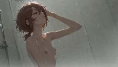 25 years old girl, solo, 1girl, skinny, (natural perky chest), (very messy hair), (short hair), (low ponytail), (in shower:1.5), frosted glass, (body outline), (no details:1.3), head thrown back, washing head, (in fog:1.3), dim lighting, 3/4 view, dutch angle, fog, in, the, <lora:SDXL_Fog_Sa_May_V2:.8>